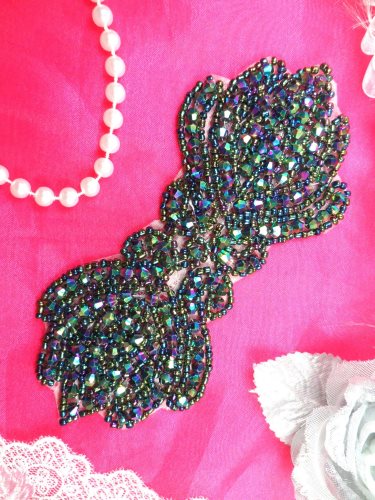 JB67 Black AB Aurora Borealis Designer Glass Beaded Applique 5.5 Hot Fix Iron on