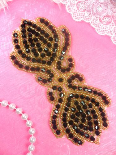 JB67 Black Gold Designer Glass Beaded Applique 5.5\ Hot Fix Iron on