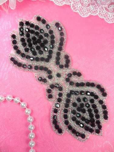 JB67 Black Silver Designer Glass Beaded Applique 5.5\ Hot Fix Iron on