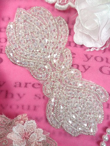 JB67 Silver Edge Beads Crystal Aurora Borealis Glass Beaded Applique 5.5\