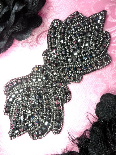 JB67 Gunmetal Designer Glass Beaded Applique 5.5 Hot Fix Iron on