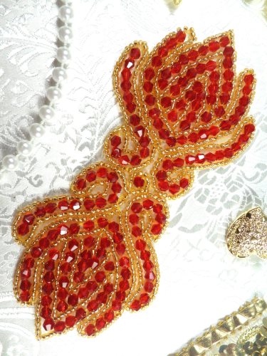 JB67 Red Gold Designer Glass Beaded Applique 5.5\ Hot Fix Iron on