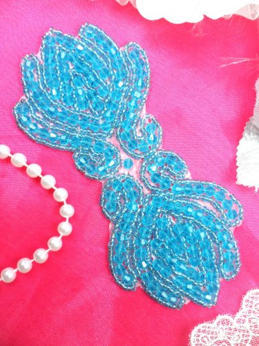 JB67 Turquoise Designer Glass Beaded Applique 5.5\ Hot Fix Iron on