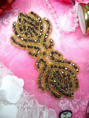 JB67 Gold Gunmetal Designer Glass Beaded Applique 5.5\ Hot Fix Iron on