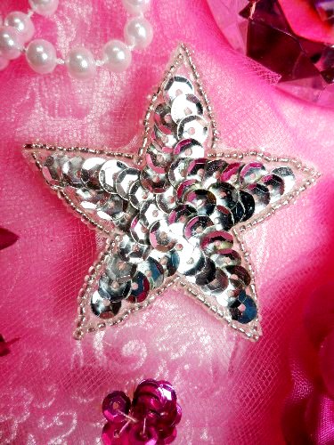 JB70  One Inch Silver Star Beaded Sequin Applique