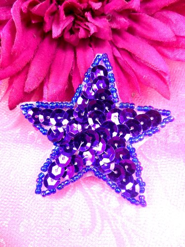JB73 Purple Star Beaded Sequin Applique Iron on Patch 2.5\
