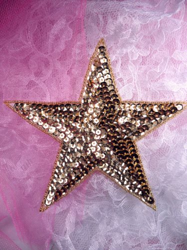 JB76 Six inch Gold Star Beaded Sequin Applique Patch 6\ Iron on
