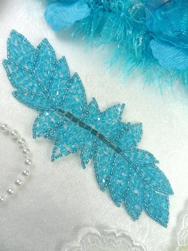 JB77 Turquoise Leaf Designer Glass Beaded Applique 7\