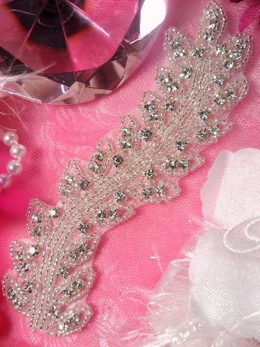 JB81 Trail of Leaves Vines Silver Beaded Crystal Rhinestone Applique 5.5