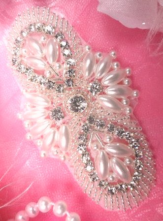 JB82 New Arrival Larger Size !! Silver Pearl Beaded Rhinestone Applique 4\