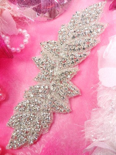 JB83 Leaf Cluster Crystal Clear Silver Beaded Rhinestone Applique 7.5