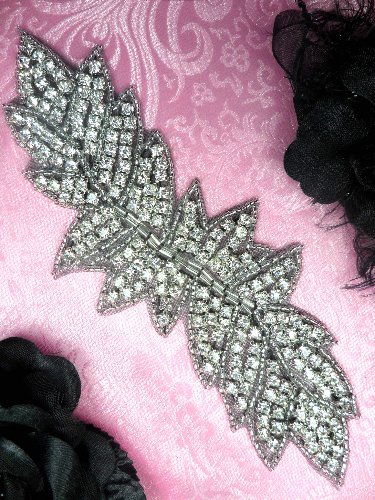 JB83 Black Backing Leaf Cluster Crystal Clear Silver Beaded Rhinestone Applique 7.5