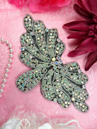 JB89 Black Backing Crystal Aurora Borealis Rhinestone Silver Beaded Applique 6.5\