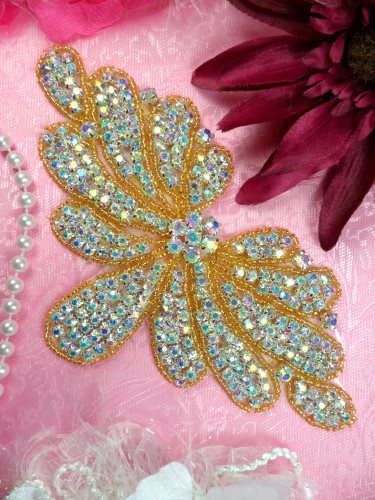 JB89 Gold Beaded Crystal Aurora Borealis Rhinestone Applique 6.5\