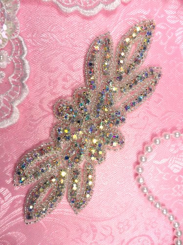JB98 Crystal AB Aurora Borealis Rhinestone Applique Silver Beaded 6\