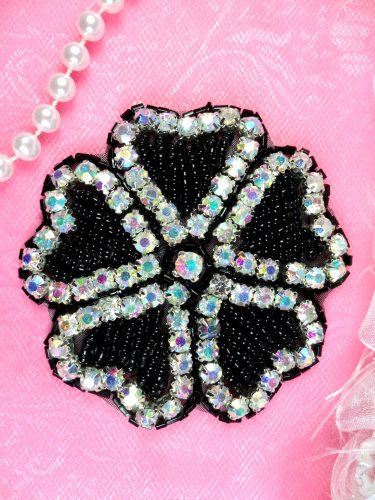 JB99 Rhinestone Applique Crystal AB Black Beaded Flower Of Hearts 3\