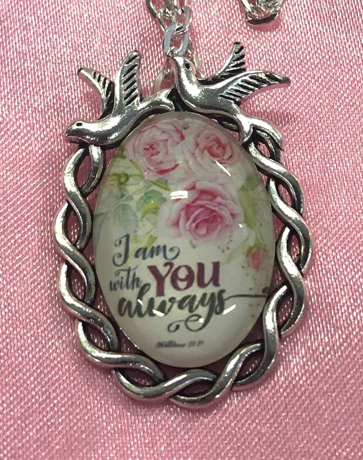 Scripture Necklace I Am With You Always Dove Pendant Inspirational Christian Jewelry w/ Silver Chain JW180