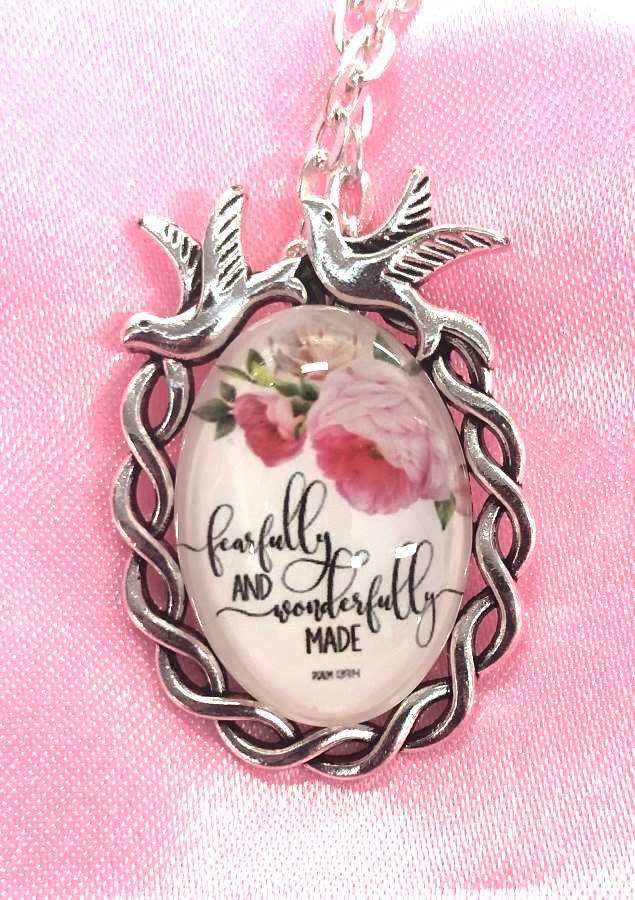 Scripture Necklace Fearfully And Wonderfully Made Dove Pendant Inspirational Christian Jewelry w/ Silver Chain JW182