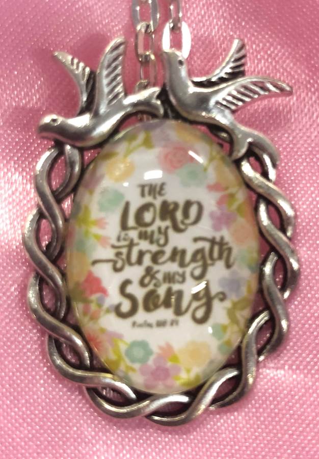 Scripture Necklace The Lord Is My Strength And My Song Dove Pendant Inspirational Christian Jewelry w/ Silver Chain JW188