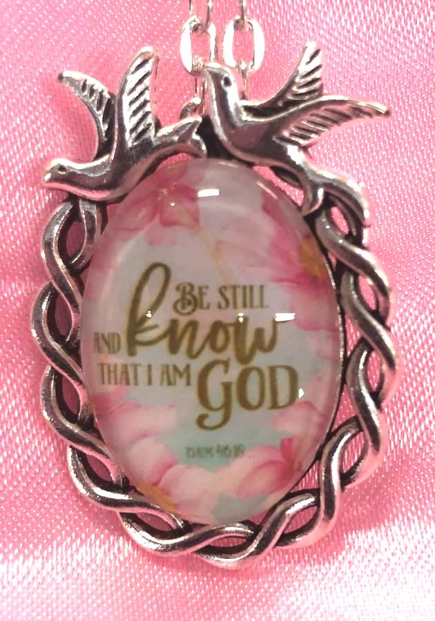 Scripture Necklace Be Still And Know That I AM God Dove Pendant Inspirational Christian Jewelry w/ Silver Chain JW194