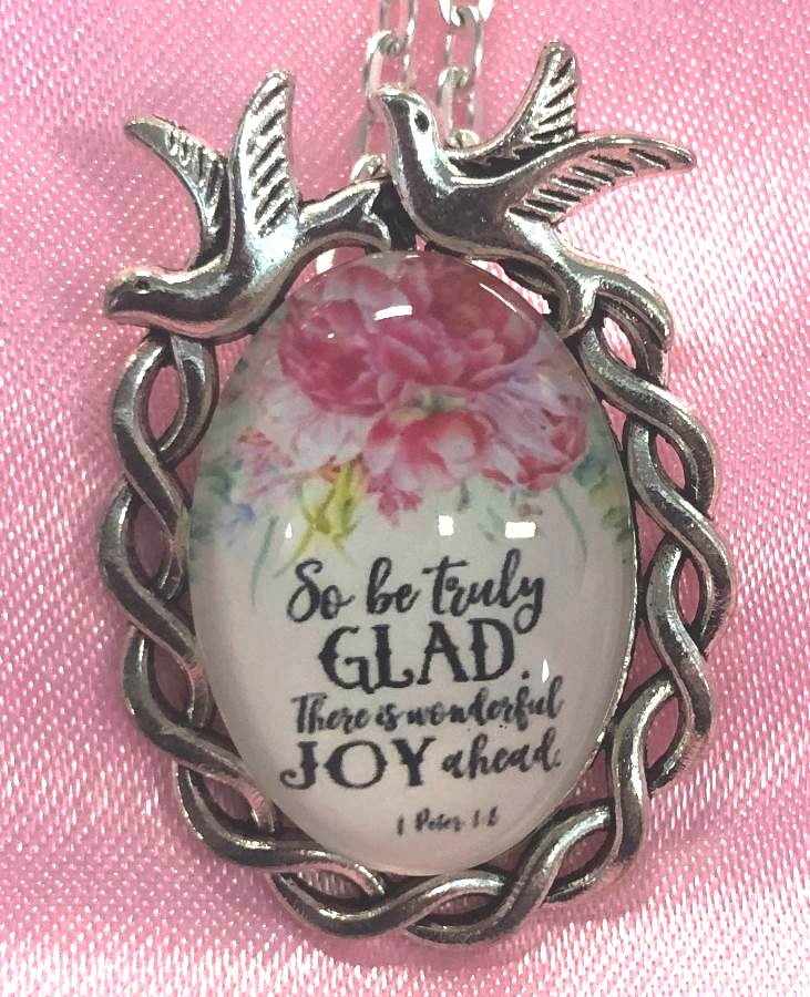 Scripture Necklace So Be Truly Glad There Is Wonderful Joy Ahead Dove Pendant Inspirational Christian Jewelry w/ Silver Chain JW195
