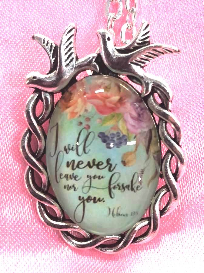 Scripture Necklace I Will Never Leave You Nor Forsake You Dove Pendant Inspirational Christian Jewelry w/ Silver Chain JW196