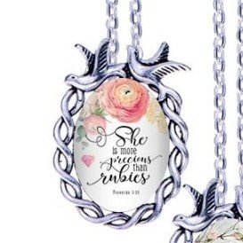 Scripture Necklace She Is More Precious Than Rubies Dove Pendant Inspirational Christian Jewelry w/ Silver Chain JW205