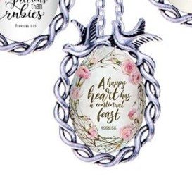 Scripture Necklace A Happy Heart Has A Continual Feast Dove Pendant Inspirational Christian Jewelry w/ Silver Chain JW207