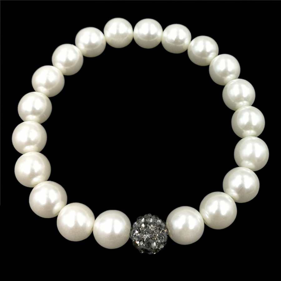 Stretchy Bracelet Pearls With Single Black Sparkling Bead Fashion Costume Jewelry JW65