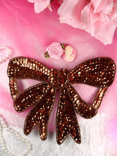 K8140 Bronze Large Bow Sequin Beaded Applique 6.75
