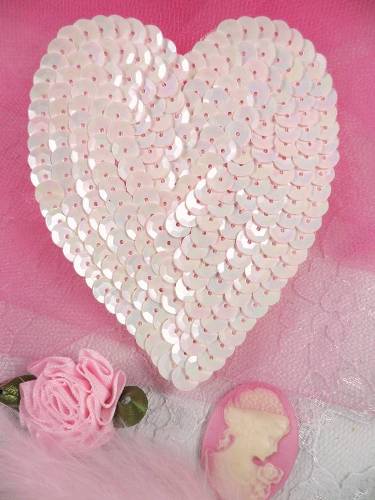 K8395 Pink Opaque AB Heart Sequin Applique 3.5