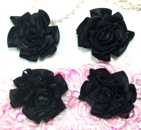 L22  Lot of 4 Black / Black Floral Rose Flower Appliques 1.5