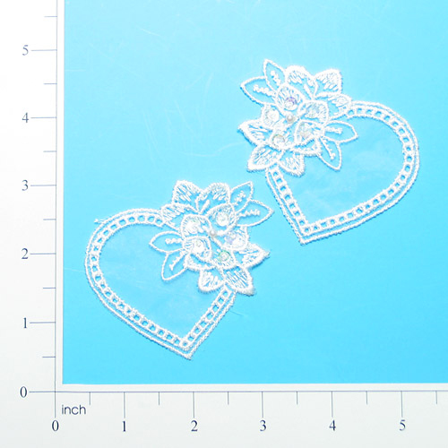 E2704  White Heart Venice Lace Sequin Applique 2.75