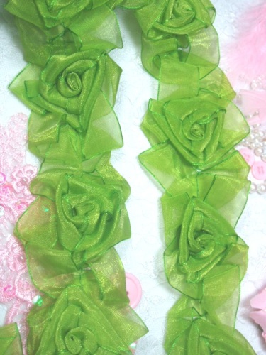 L28  Lime Apple Green Organza Floral Sewing Trim 2.5\