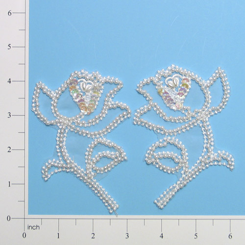 E446  Pearl Rose Mirror Pair Sequin Beaded Applique  4.5