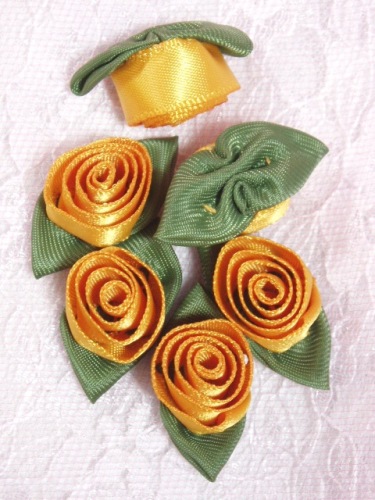 L51  Set of ( 6 ) Mustard Yellow Ribbon Rose Flower Appliques