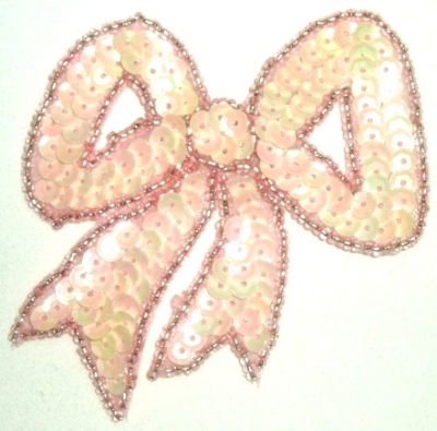 LC361  Pink Peach Bow Sequin Beaded Applique  3.25