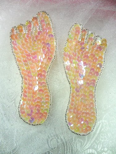 LC1508 Feet Mirror Pair Light Pink Beaded Sequin Applique 4.75