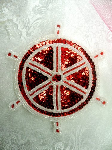 LC1519 Captain Wheel White Red Beaded Sequin Applique 6.5