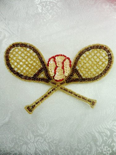 LC1559 Brown Gold Double Tennis Racket Beaded  Applique 5.5