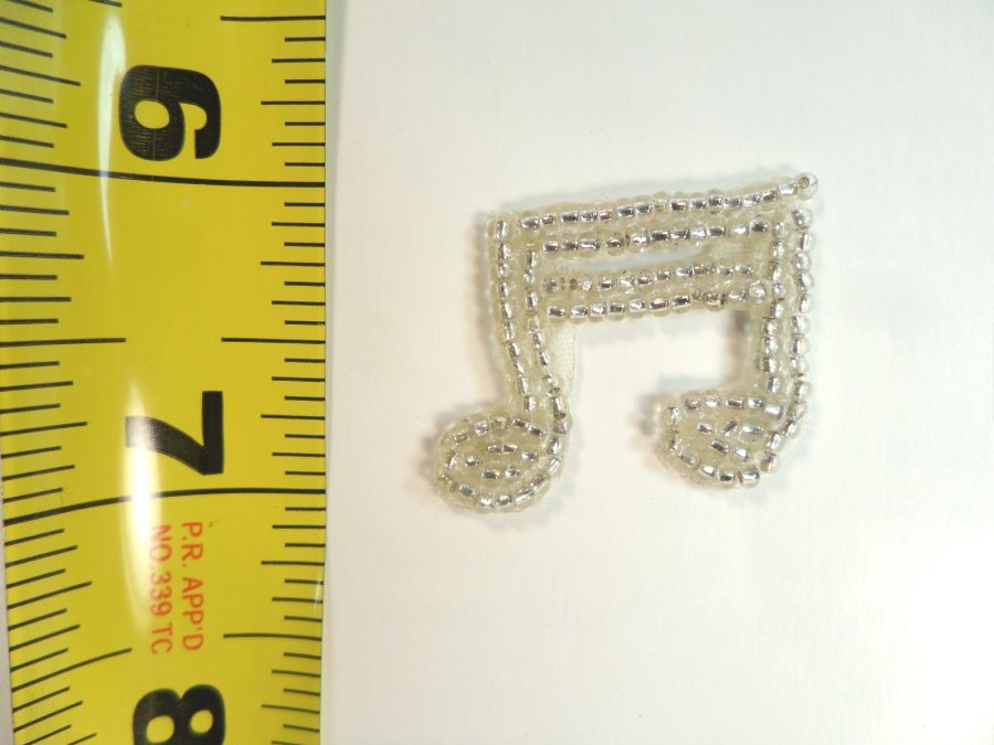 Double Music Note Applique Beaded Patch Motif Silver 1.25 (LC1631)