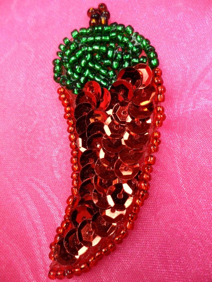 Pepper Sequin Applique Beaded Patch Motif Red Green 4.75 (LC1752)