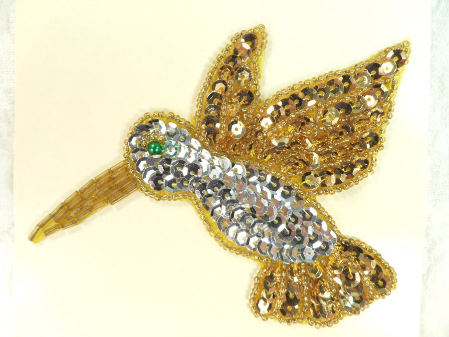 Hummingbird Sequin Applique Beaded Patch Motif Silver Gold 4.25 (LC1805)