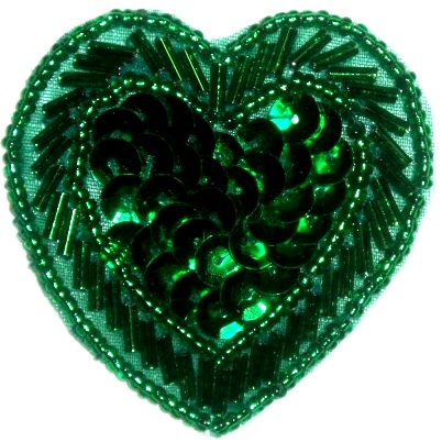 LC353  Green Heart Sequin Beaded Applique  2.25