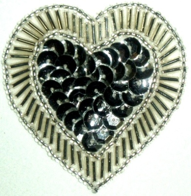 LC353  Silver Heart Sequin Beaded Applique  2.25