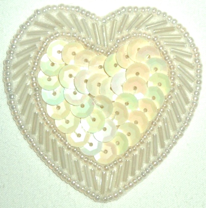 LC353  White AB Heart Sequin Beaded Applique  2.25