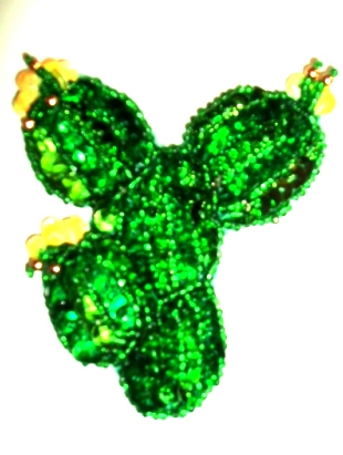 LC76 Sm Cactus Green/Yellow Flower Sequin Beaded Applique3.25