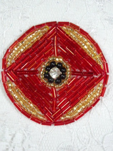 MA120 Red Gold Round Beaded Rhinestone Hair Bow / Brooch / Applique 1.75