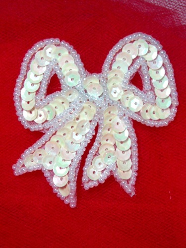 MA184 White AB Sequin Beaded Hair Bow / Brooch / Applique 2.5