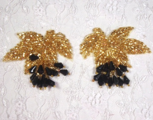 MA192  Gold Black Leaf Beaded Dangle Mirror Pair Appliques or Earrings 2.5